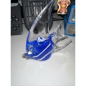 Murano Style Art Glass Blue/White  Angel fish Figurine Paperweight, 5"